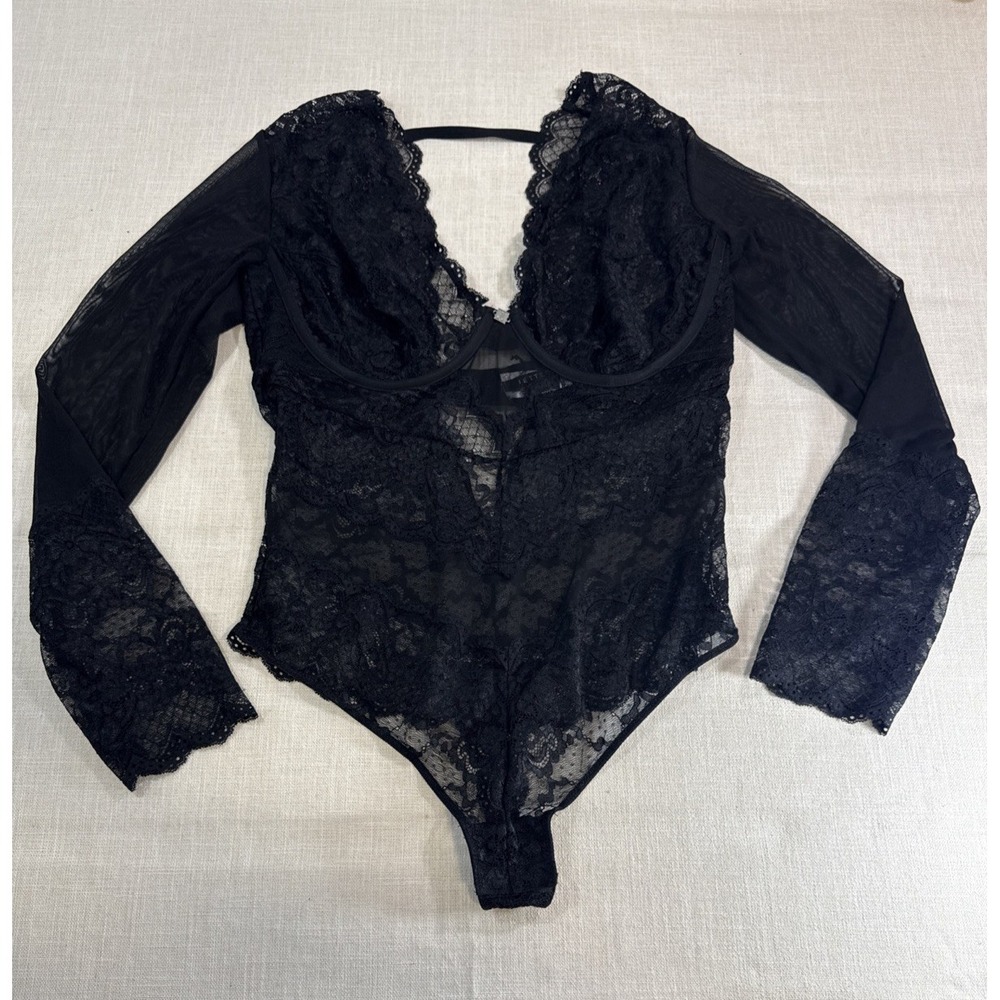 Jette Bodysuit Womens 38D Black Lace Sheer Underwire Unlined Lingerie Sexy Disco - Picture 2 of 12